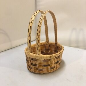 Miniature Woven Basket Small Tan Brown Dual Handle Splint Decor Cottagecore Boho